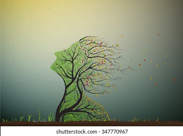 tree stretching his face to the last summer sun but autumn is coming and leaves start falling, tree soul, plant surrealism icon,