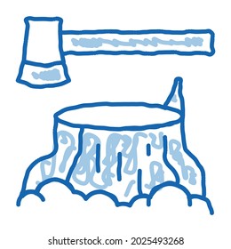 Tree Stub And Ax Hatchet sketch icon vector. Hand drawn blue doodle line art isolated symbol illustration