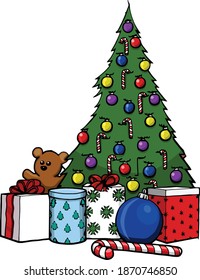 A tree stuffed with gifts on Christmas morning. This clip art features a Christmas tree surrounded by wrapped gifts, teddy bears, and candy canes. 