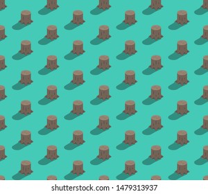 Tree stump 3D isometric seamless pattern, Deforestation concept poster and banner design illustration isolated on green background with copy space, vector eps 10