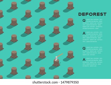 Tree Stump With Ax 3D Isometric Pattern, Deforestation Concept Poster And Banner Horizontal Design Illustration Isolated On Green Background With Copy Space, Vector Eps 10