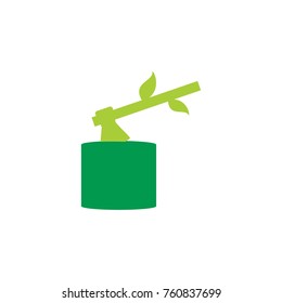 A tree stump with an ax stuck isolated on white background. Vector illustration in flat style