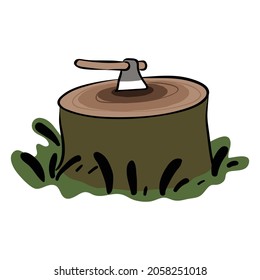 A tree stump with an axe illustration