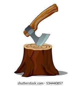 A tree stump with an axe stuck isolated on white background. Vector closeup illustration.
