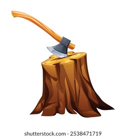 Tree stump with an axe. Vector cartoon illustration