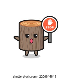 tree stump character illustration holding a stop sign , cute design
