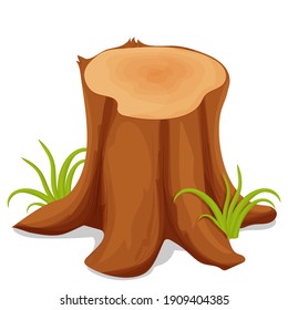 Trozo de árbol, tronco troceado con hierba verde al estilo de las caricaturas aislado sobre fondo blanco. Elemento ecológico forestal. Corteza de Boulder ui juego, decoración.