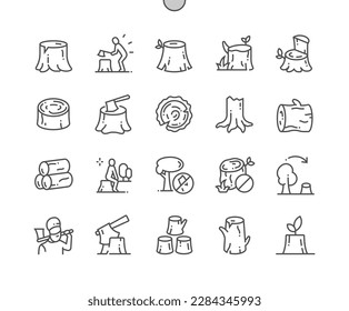 Tree stump. Chopping wood. Cutting prohibited. Lumberjack. Pixel Perfect Vector Thin Line Icons. Simple Minimal Pictogram
