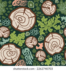 Tree stump circle rings, mosses, lichen forest seamless pattern. Wood log silhouette print organic nature repeat background. Ecological surface pattern design, textile, wallpaper. Vector illustration.