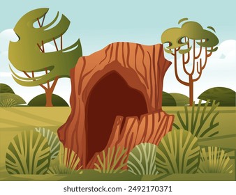 Tree stump with a deep hollow cavity in a grassy field. Background with distant trees and a blue sky. Perfect for woodland, habitat, and outdoor themes. Vector illustration