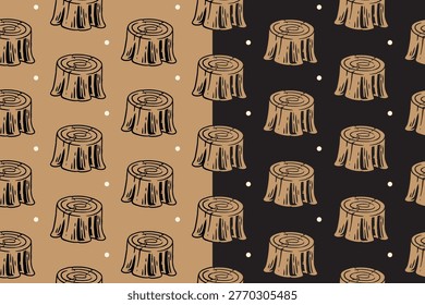 Tree stump with dot engraving seamless pattern on tan black background set for outdoor. Cut tree trunk hatching pattern background for nature. Stump wood line art motif wallpaper for merchandise
