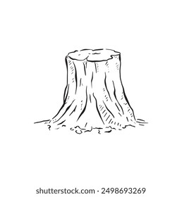 A tree stump drawn by hand in black line art in a sketch style. Wooden element of the forest, deforestation. Sketch vector, woodland, animal habitat.