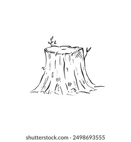 A tree stump drawn by hand in black line art in a sketch style. Wooden element of the forest, deforestation. Sketch vector, woodland, animal habitat.