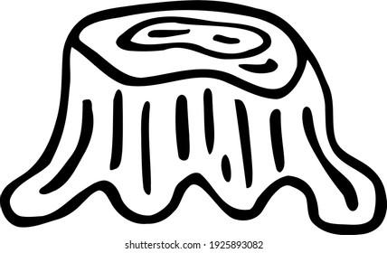 Tree stump drawn by line art. Forest black and white drawing in doodle style. Cute children's clipart on the theme of the forest and trees. Vector illustration. 