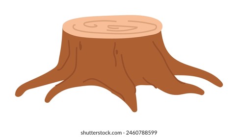 Tocón de árbol en diseño plano. Corte de tronco de bosque, tronco de madera con raíces. Ilustración vectorial aislada.