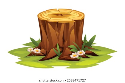 Tree stump with flowers and grass. Vector cartoon illustration