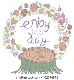Tree stump and flowers.Vector