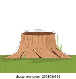 A tree stump. Stump in the forest, isolated tree trunk in nature with grass and plants. Tree stump