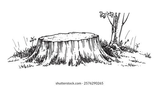 tree stump with grass and small tree hand-drawn black and white illustration