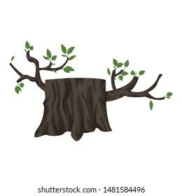 Tree stump with green leafs icon. Cartoon of tree stump with green leafs vector icon for web design isolated on white background