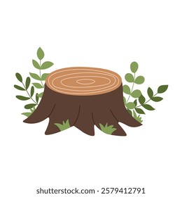 A tree stump with green leaves on top of it. The stump is brown and has a rough texture