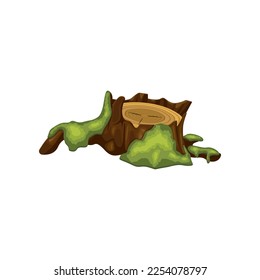 Tree stump with green moss vector illustration. Isometric cartoon drawing of part of tree with moss in jungle or swamp isolated on white background. Nature, environment, biology concept