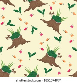 Tree stump with greens and butterflies seamless pattern