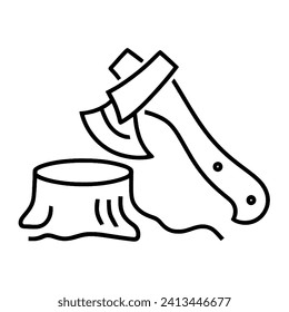 tree stump with hammer or axe. line drawing
