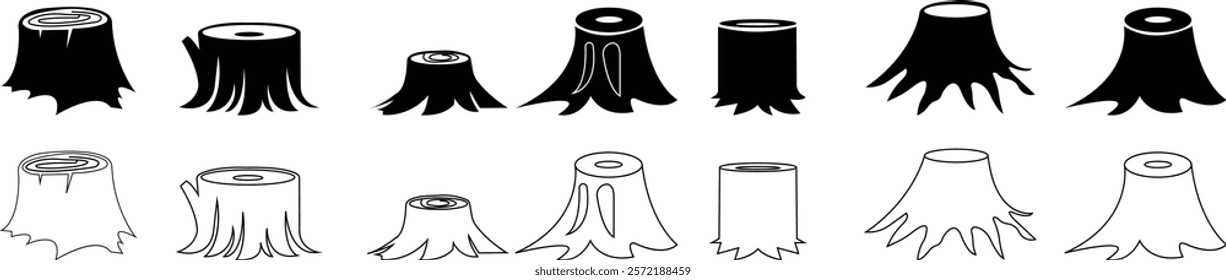 tree stump icon set or logo isolated signs symbol vector ,high quality black style icons, lumber industry material silhouette , cut trees structure textured, isolated on transparent background.