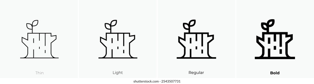 Icono de tocón de árbol. Diseño de estilo delgado, ligero, regular y audaz aislado sobre fondo blanco