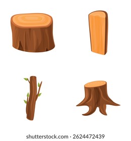 Tree stump icons set cartoon vector. Natural lumber, carpentry material. Timber industry