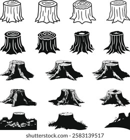 Tree Stump Icons Set, a Set of wood logs for thforestry and lumber industry. Illustration of trunks,