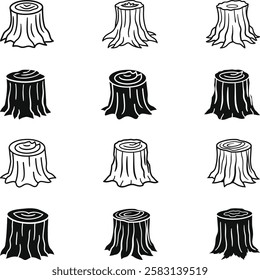 Tree Stump Icons Set, a Set of wood logs for thforestry and lumber industry. Illustration of trunks,