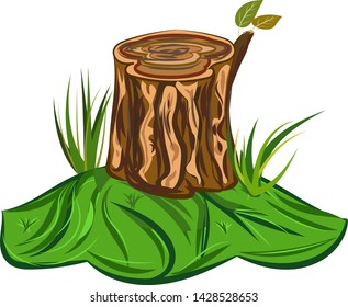 Tree Stump Illustration of a cartoon big tree stump with bench and some blades of grass