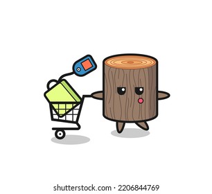 tree stump illustration cartoon with a shopping cart , cute design