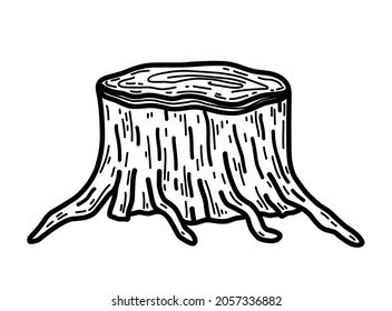 Tree stump isolated on white background. Vector hand-drawn illustration in doodle style. Perfect for autumn designs, cards, logo, decorations.