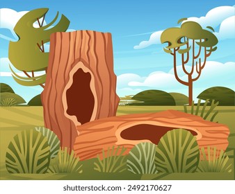 Tree stump with a large hollow cavity, set in a grassy landscape with rolling hills, scattered trees, and a bright blue sky. Ideal for nature, forestry, or environmental concepts. Vector illustration