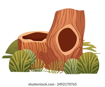 Tree stump with a large round hollow cavity, surrounded by grass and leafy vegetation. Suitable for nature, habitats, and ecological conservation visuals. Vector illustration isolated on white