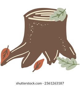 Baumstumpf und Blätter. Handzeichnung süße Herbst-gemütliche Illustration im Kinderstil. Childisch ansprechendes, handgezeichnetes Element aus dem Kernkern. Vektorgrafik einzeln auf Weiß