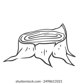 Tree stump line icon. Hand drawn retro old tree trunk with growth rings on cut and roots, lumber of woods. Firewood for camping, carpentry mascot, outline forest stump icon vector illustration