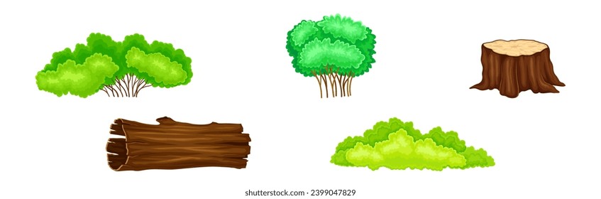 Tree Stump, Log and Green Bush as Forest Element Vector Set.
