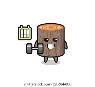 tree stump mascot cartoon doing fitness with dumbbell , cute design