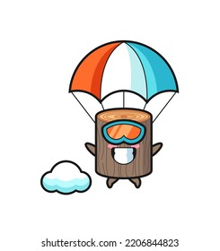 tree stump mascot cartoon is skydiving with happy gesture , cute design