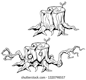 Tree stump monster line cartoon drawing black and white, vector illustration, horizontal, isolated