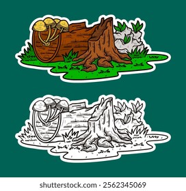 Tree Stump and Mushroom Doodle Sticker Illustration