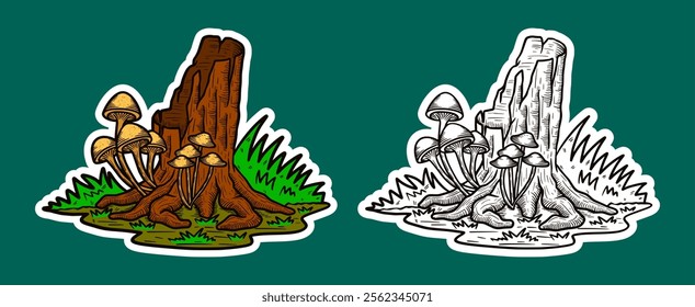 Tree Stump and Mushroom Doodle Sticker Illustration