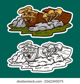 Tree Stump and Mushroom Doodle Sticker Illustration