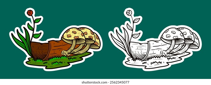 Tree Stump and Mushroom Doodle Sticker Illustration