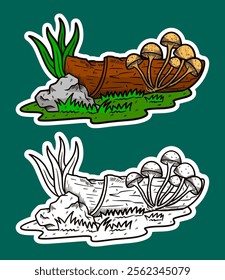 Tree Stump and Mushroom Doodle Sticker Illustration