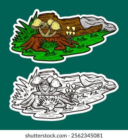 Tree Stump and Mushroom Doodle Sticker Illustration